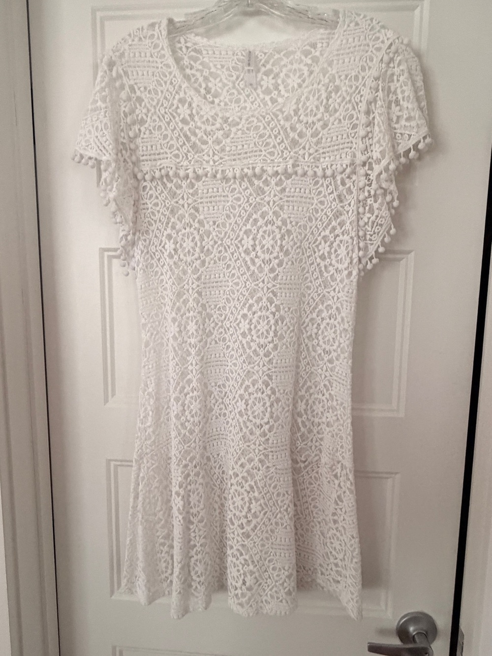 Pilyq White Crochet Lace Swim Coverup with Pom-Pom Trim